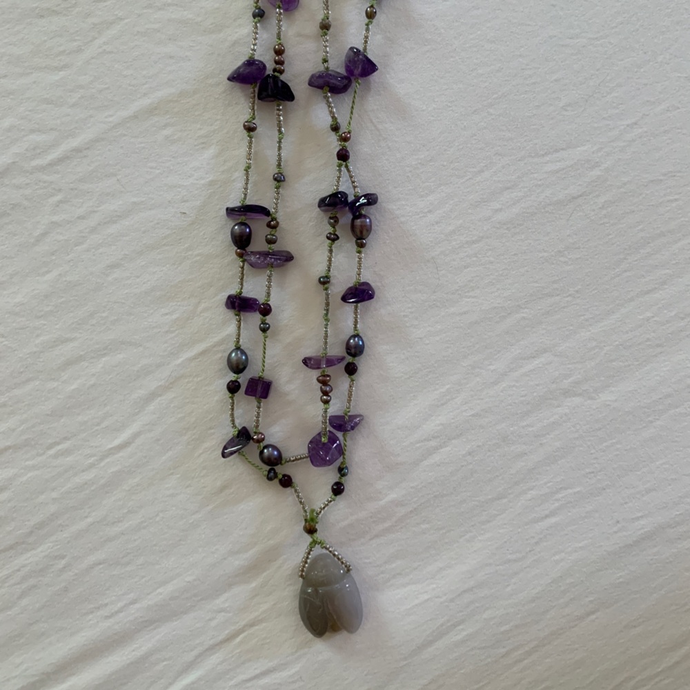 NECKLACE- amethyst-pearls-lady bug charm- 33" length-boho-purple